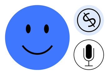 Blue happy face, dollar sign in a circle, and microphone icon emphasizing positivity, communication, and financial concepts. Ideal for branding, podcasts, finance, communication customer feedback