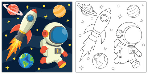 Cute astronaut in space planet around outline vector for children coloring page or book design.