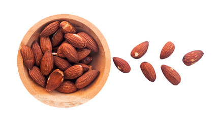 flat lay of almonds nuts in wooden bowl isolated on white background