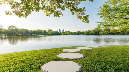 Serene park scene by a tranquil lake.