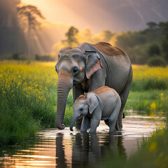 Mother and Baby Elephant at Sunset
