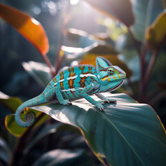 Colorful Chameleon on a Lush Leaf