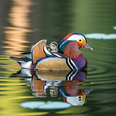 Mandarin Duck with Chick on Water