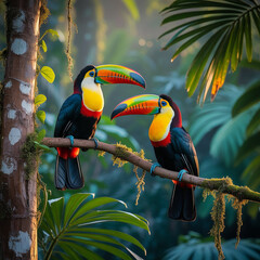 Two Colorful Toucans in a Lush Tropical Forest
