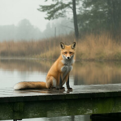 Red Fox on a Wooden Dock in the Rain