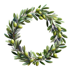 Fototapeta premium Circular wreath of olive branches and olives isolated on transparent background.