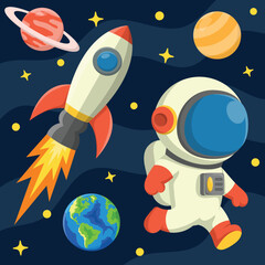 Cute Astronaut Floating In Space Cartoon Vector Icon Illustration. Technology Science Icon Concept Isolated Premium Vector. Flat Cartoon Style.
