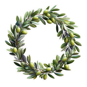 Circular wreath of olive branches and olives isolated on transparent background.