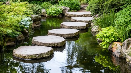 Smooth stones form a tranquil pathway through a garden pond.