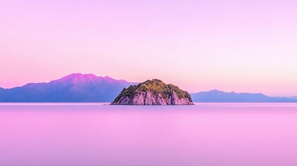 Peaceful island in a tranquil, pastel-hued landscape.