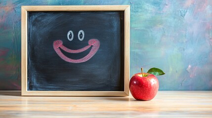 Cheerful Education: Smiling Book and Apple on Pastel Chalkboard for Learning and Healthy Snacking Concept