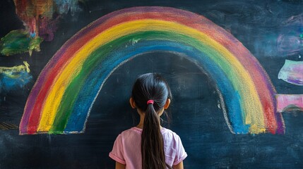 Young Student Creating Colorful Rainbow Drawing on Chalkboard for School Assignment