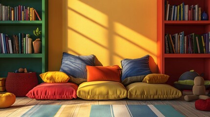 Comfortable Reading Nook: Cozy Corner with Cushions and Books for Relaxing Study Time