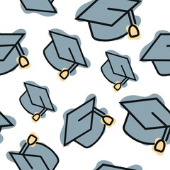 Seamless pattern with graduation cap icon, combining line art style and abstract color spots arranged randomly, for school print, textile or other various designs