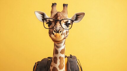 Smart Giraffe Student with Glasses and Backpack Going to School