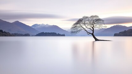 Solitary tree on a still lake, serene landscape.