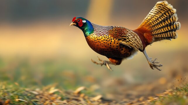 Pheasant in flight over natural terrain. - Powered by Adobe