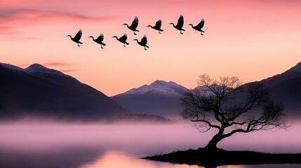 Silhouette of birds in flight over a misty landscape at sunrise.