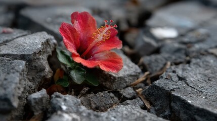 Red hibiscus flower growing from cracked grey stone pavement plant nature