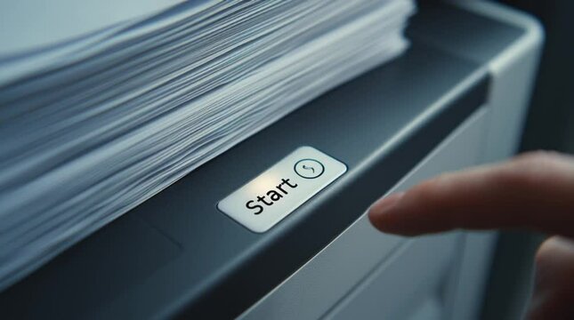 Index finger pressing the &ldquo;Start&rdquo; button on a sleek modern printer beside a stack of papers.