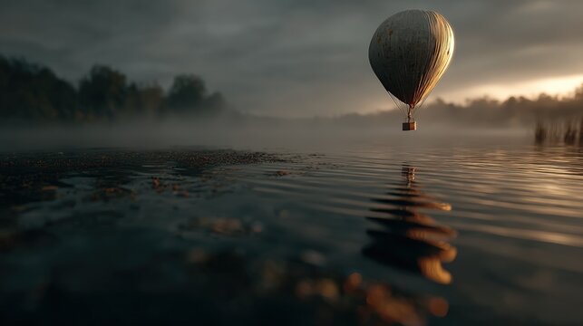 Hot air balloon over calm lake at sunrise misty shoreline and trees fog