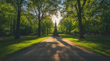 Obraz premium Monument surrounded by trees in a sunlit park scene