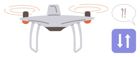 Drone in flight with motion lines, exclamation marks in speech bubble, and control symbol with arrows. Ideal for technology, robotics, innovation, navigation, exploration, surveillance delivery