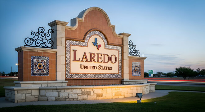 Laredo Welcome Sign At Dusk Featuring Ornate Tilework And Classic Southwestern Design