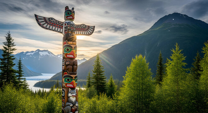 Mystical Totem Pole Carvings Stand Tall In A Picturesque Alaskan Landscape