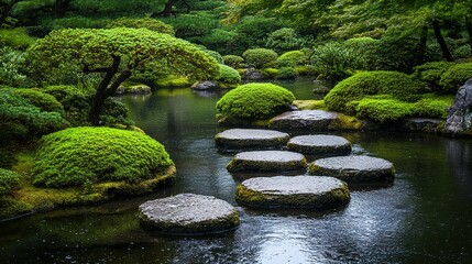 A tranquil water garden path with smooth stones.