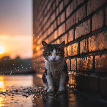 Cat in Rainy Sunset