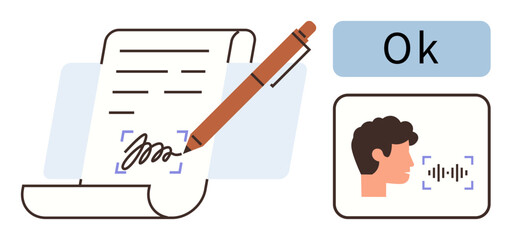 Pen signing document, voice recognition profile, and approval mark highlight secure authentication processes. Ideal for technology, communication, security, identity verification, contracts