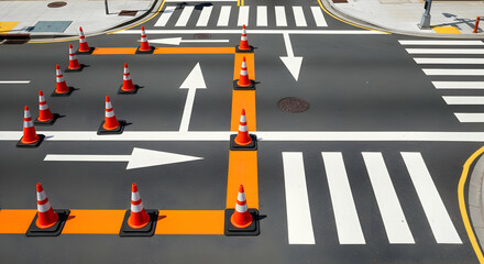 Navigating Cityscape Urban Crossroads With Traffic Control Elements and Directional Arrows