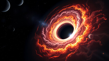 Image of the center of the Milky Way galaxy, supermassive black hole accretion disk from a distance of 0.1 light-years. Formation of visible gas clouds and relativistic light bending.