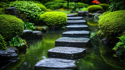 Stone pathway through a tranquil garden water feature.