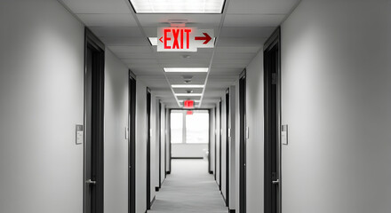 Long Hallway With Exit Sign Offers Safety And Direction In Building