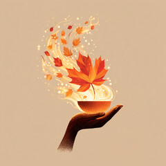 Hand holding a magical bowl with fiery autumn leaves and sparkles in a minimalist design 