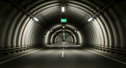 Long Tunnel With Exit Sign And Road Marking Perspective View