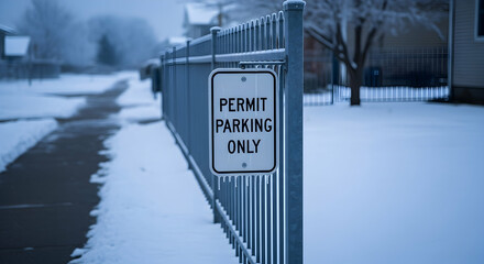 Icy Winter Scene With A 'Permit Parking Only' Sign On A Metal Fence
