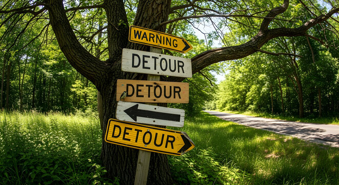 Navigating Life's Detours Directional Signs Indicating Alternative Routes Through Forest Landscape