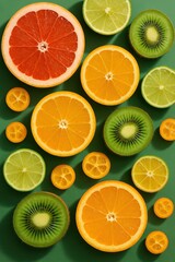 Obraz premium Sliced citrus and kiwi fruits on green background