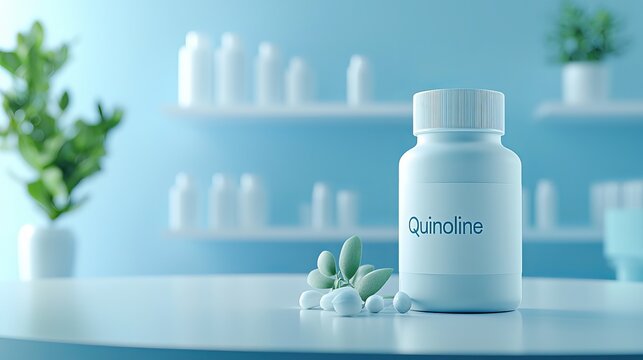 A clean, modern display of a Quinoline bottle with green leaves in a softly lit pharmacy setting.