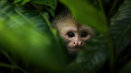 Fototapeta premium A Curious Monkey's Gaze Through Lush Foliage