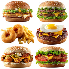 Delicious burgers with fries and onion rings for restaurant promotion  isolated on transparent background