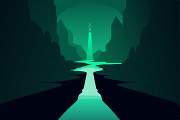 Ethereal Glow A Mystical River Valley with Glowing Tower