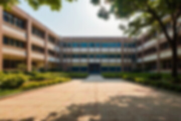Blurry photo of a university building courtyard with a basketball court in front of it with a green theme and lots of trees.