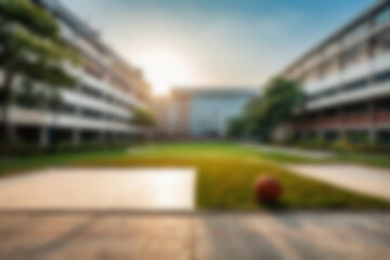Fototapeta premium Blurry photo of a university building courtyard with a basketball court in front of it with a green theme and lots of trees.