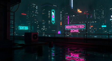 Neon Cityscape With Restricted Zone Sign In A Dystopian Urban Future