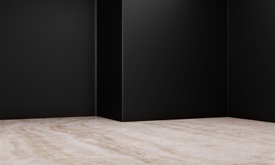 3d rendering of black abstract geometric modern dark room background. Scene for advertising design,...