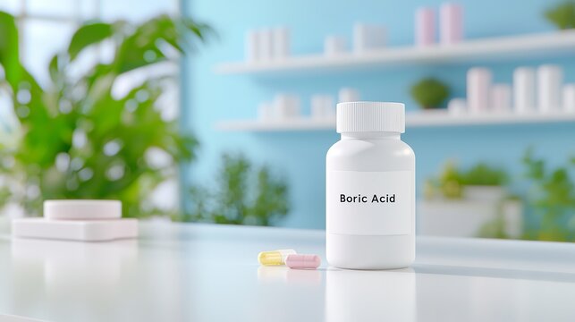 A close-up of a Boric Acid bottle on a clean, modern surface with colorful capsules nearby, surrounded by greenery.